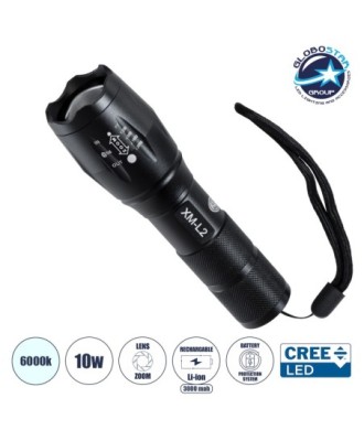 GLOBOSTAR® HANDLAMP 79041 Φακός Χειρός LED 10W 1000lm 5~60° DC 5V με Επαναφορτιζόμενη Μπαταρία Li-ion 3.7V 1x18650 3000mAh IP20 Ψυχρό Λευκό 6000K - CREE XML2-T6 Chip - Μ13.5 x Π4 x Υ4cm - 1 Χρόνο Εγγύηση